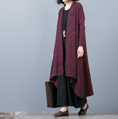 Purple Jacquard Maxi Coat Baggy Large Hem Asymmetrical Design Trench Coat Fine Patchwork Coat