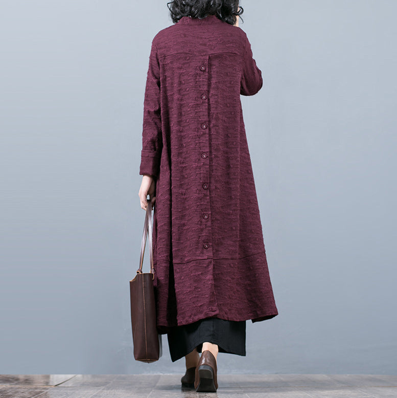 Purple Jacquard Maxi Coat Baggy Large Hem Asymmetrical Design Trench Coat Fine Patchwork Coat