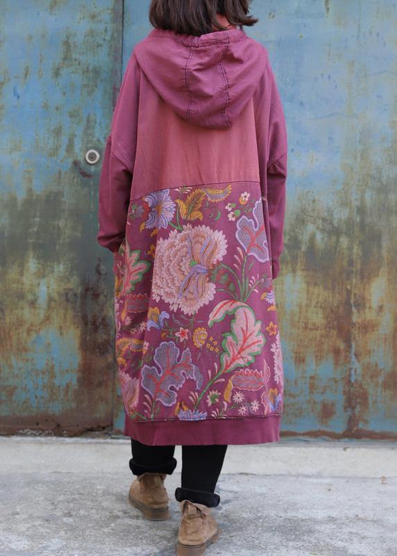 Purple Cotton Tunics Prints Long Big Pockets Dress