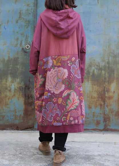 Purple Cotton Tunics Prints Long Big Pockets Dress