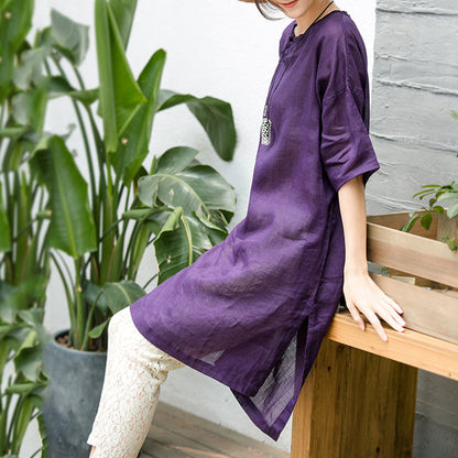 Purple Natural Cotton Linen Dress Oversize Traveling Clothing Fine Short Sleeve O Neck a Line Skirts Cotton Linen Dress
