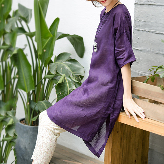 Purple Natural Cotton Linen Dress Oversize Traveling Clothing Fine Short Sleeve O Neck a Line Skirts Cotton Linen Dress