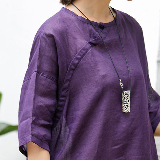 Purple Natural Cotton Linen Dress Oversize Traveling Clothing Fine Short Sleeve O Neck a Line Skirts Cotton Linen Dress