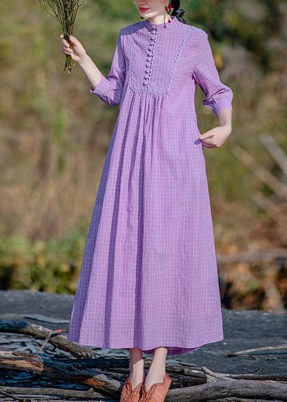 Purple Plaid Dress Stand Collar Pockets a Line Spring Dress