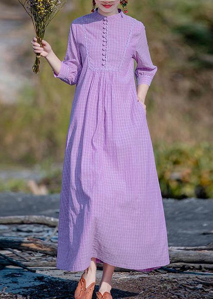 Purple Plaid Dress Stand Collar Pockets a Line Spring Dress