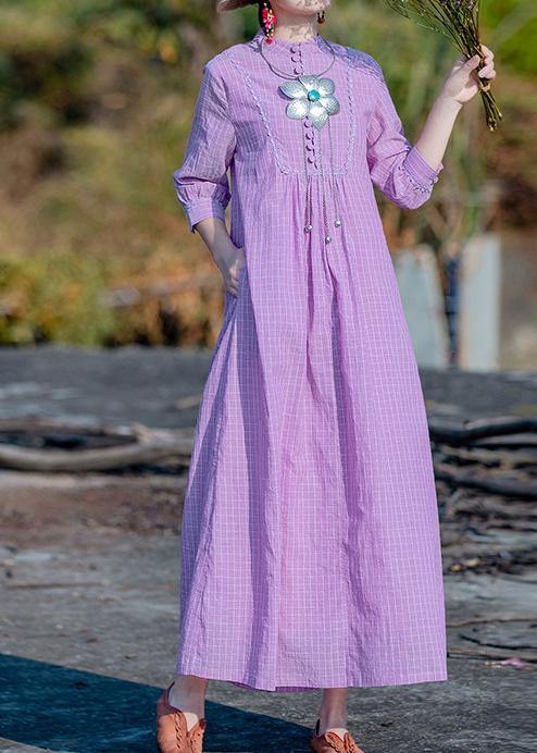 Purple Plaid Dress Stand Collar Pockets a Line Spring Dress