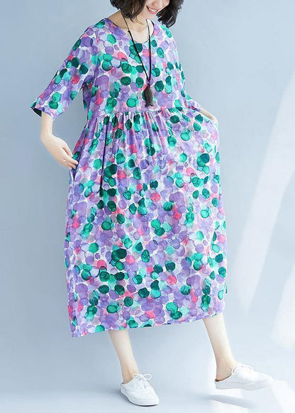 Purple Prints Cotton Linen Quilting Dresses Cinched Waist Love Summer Dress
