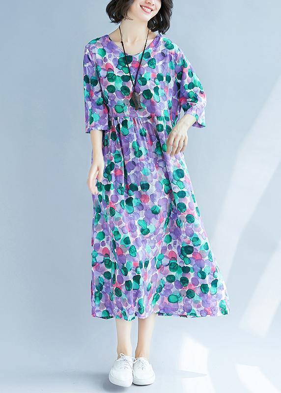 Purple Prints Cotton Linen Quilting Dresses Cinched Waist Love Summer Dress