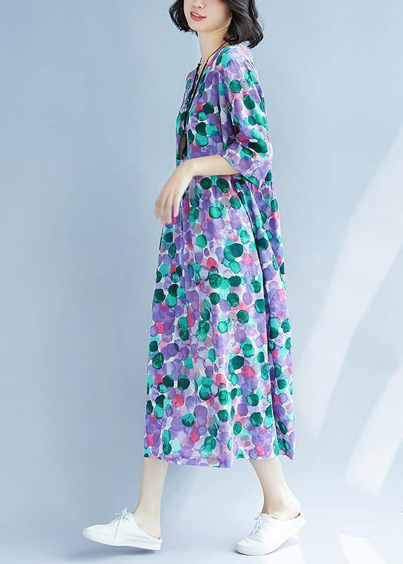 Purple Prints Cotton Linen Quilting Dresses Cinched Waist Love Summer Dress