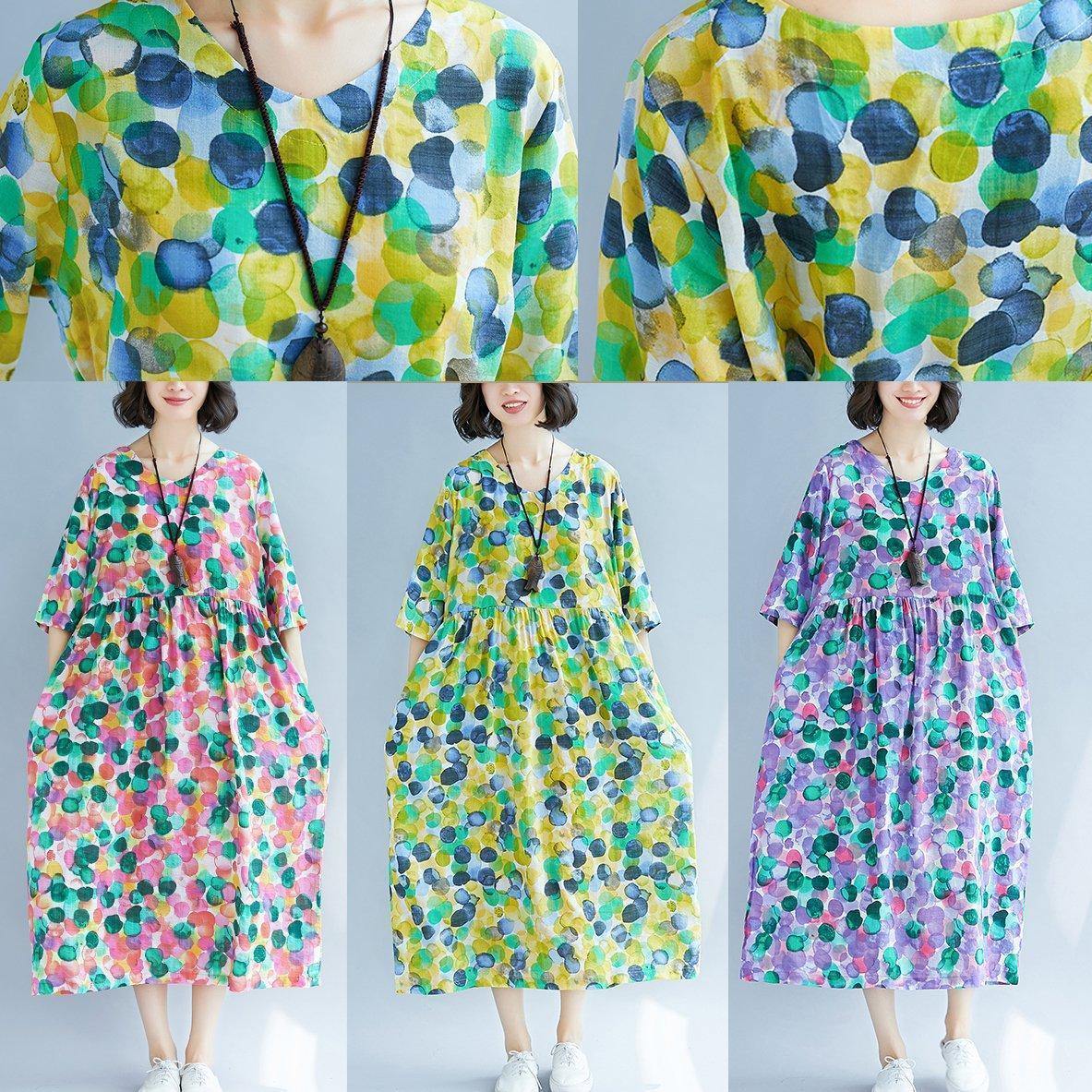 Purple Prints Cotton Linen Quilting Dresses Cinched Waist Love Summer Dress