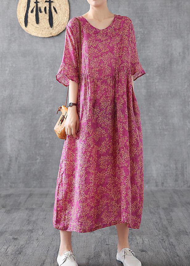 Purple Red Print Chiffon Dress O Neck Petal Sleeve Loose Summer Dress