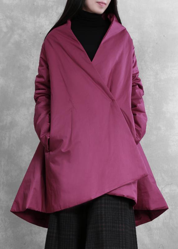 Purple Winter Outwear Snow V Neck Asymmetric Coats