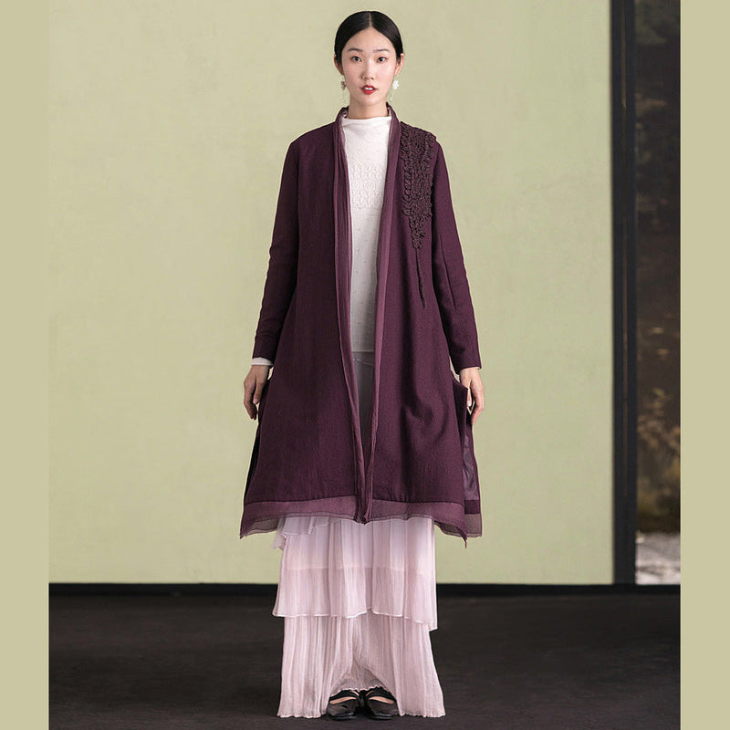 Purple Wool Overcoat Loose Fitting Embroidery Winter Coat Patchwork Jacket
