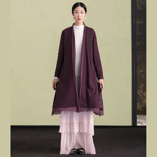 Purple Wool Overcoat Loose Fitting Embroidery Winter Coat Patchwork Jacket