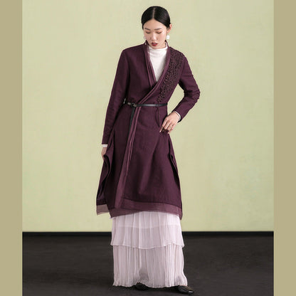 Purple Wool Overcoat Loose Fitting Embroidery Winter Coat Patchwork Jacket