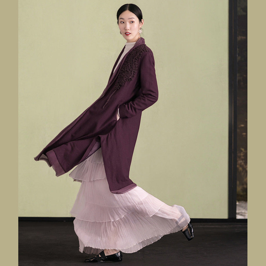 Purple Wool Overcoat Loose Fitting Embroidery Winter Coat Patchwork Jacket