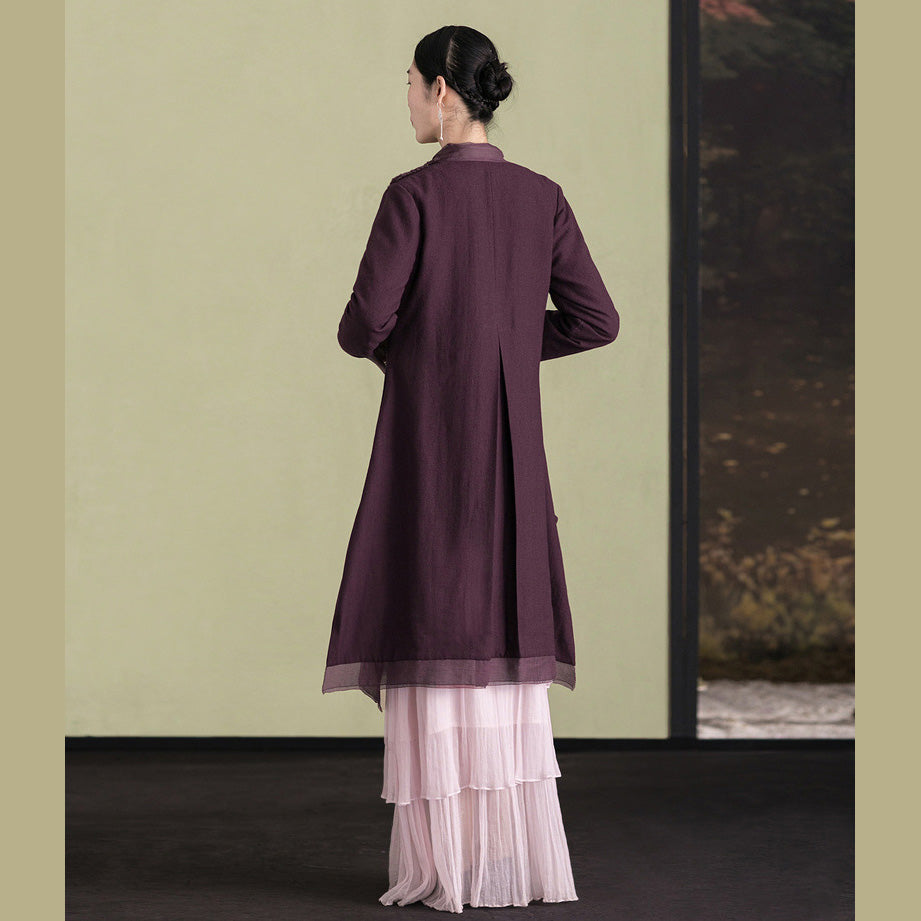 Purple Wool Overcoat Loose Fitting Embroidery Winter Coat Patchwork Jacket