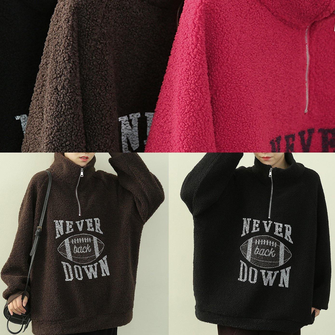 Red Letter Tunics for Shirts High Neck Zippered Fuzzy Wool Top