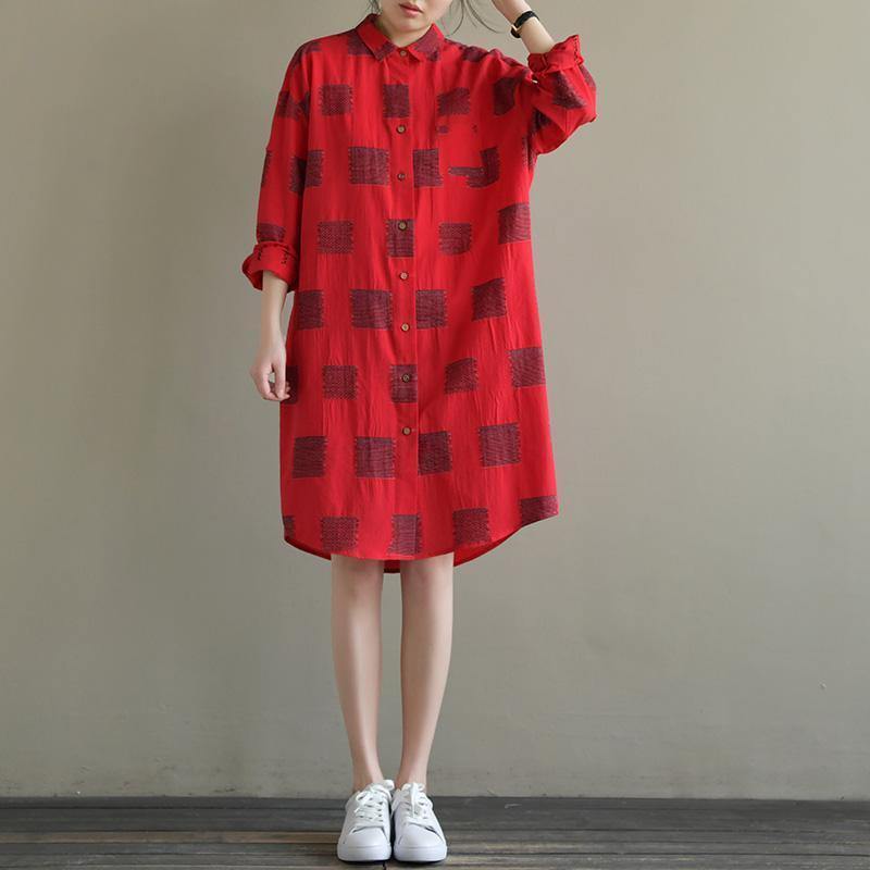 Red Plaid Cotton Quilting Clothes Lapel Button Down Daily Spring Dress