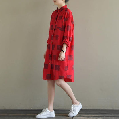Red Plaid Cotton Quilting Clothes Lapel Button Down Daily Spring Dress
