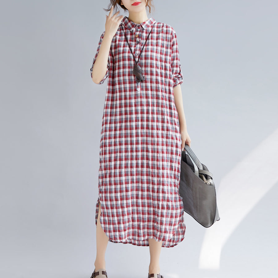 Red Plaid Cotton Maxi Shirt Dress Oversize Turn-down Collar Gown Long Sleeve Side Open Cotton Shirt Dresses