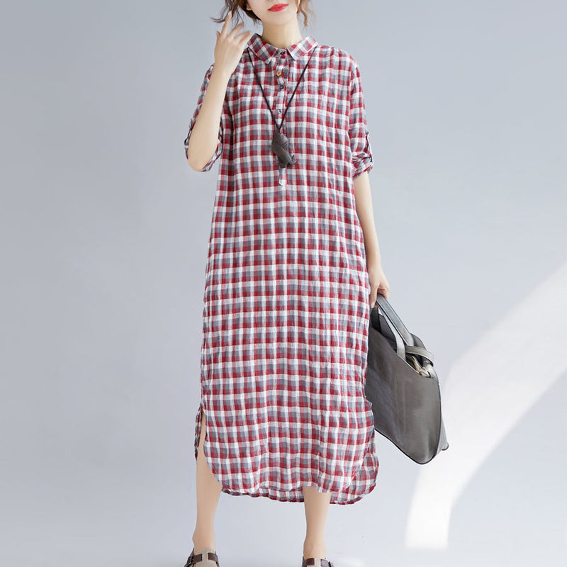 Red Plaid Cotton Maxi Shirt Dress Oversize Turn-down Collar Gown Long Sleeve Side Open Cotton Shirt Dresses