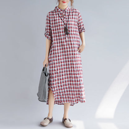 Red Plaid Cotton Maxi Shirt Dress Oversize Turn-down Collar Gown Long Sleeve Side Open Cotton Shirt Dresses
