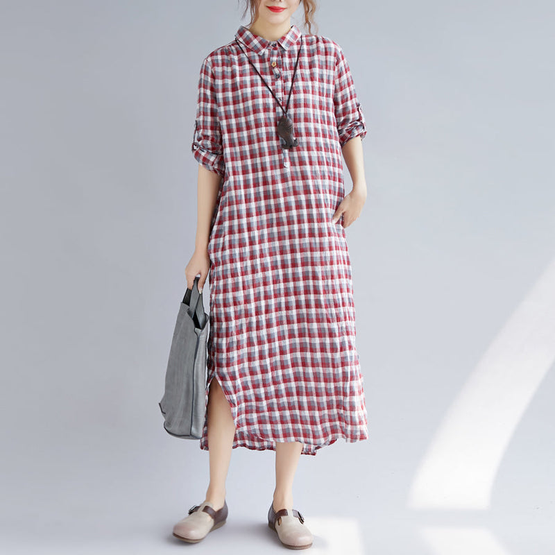 Red Plaid Cotton Maxi Shirt Dress Oversize Turn-down Collar Gown Long Sleeve Side Open Cotton Shirt Dresses