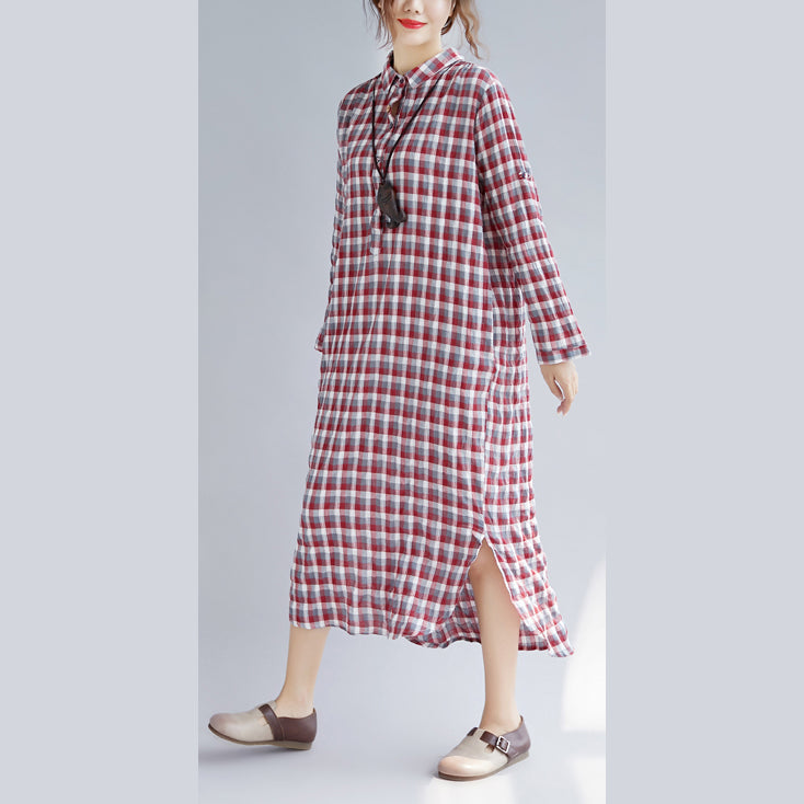Red Plaid Cotton Maxi Shirt Dress Oversize Turn-down Collar Gown Long Sleeve Side Open Cotton Shirt Dresses