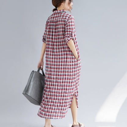 Red Plaid Cotton Maxi Shirt Dress Oversize Turn-down Collar Gown Long Sleeve Side Open Cotton Shirt Dresses