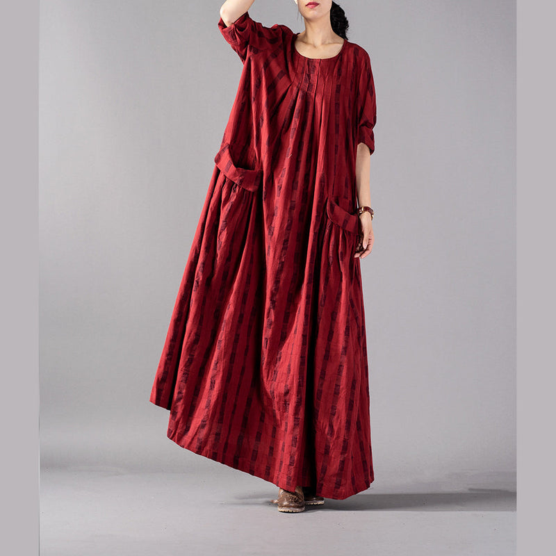 Red Plaid Long Oversized O Neck Baggy Linen Maxi Dress Pockets Kaftans