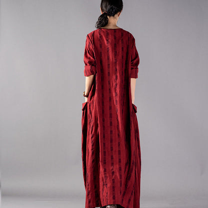 Red Plaid Long Oversized O Neck Baggy Linen Maxi Dress Pockets Kaftans