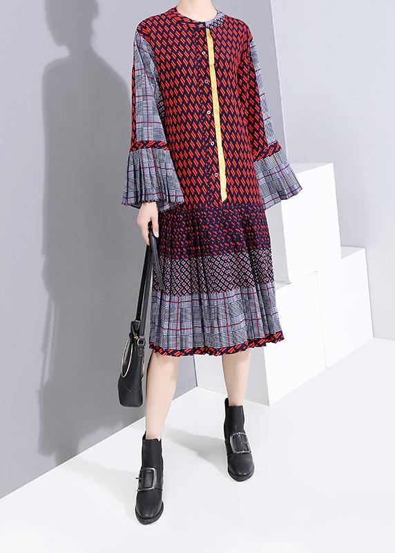 Red Chiffon Quilting Clothes Petal Sleeve A-line Patchwork Dress