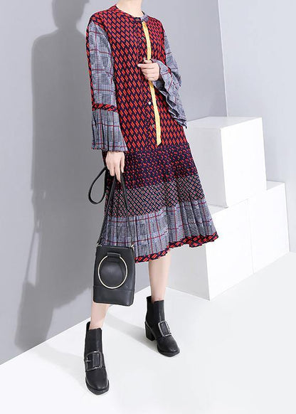 Red Chiffon Quilting Clothes Petal Sleeve A-line Patchwork Dress