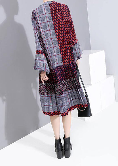 Red Chiffon Quilting Clothes Petal Sleeve A-line Patchwork Dress