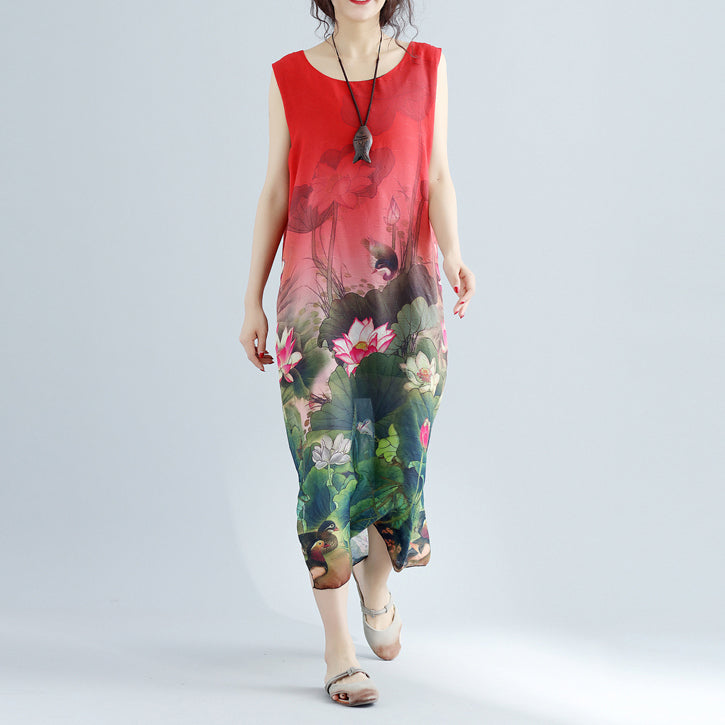 Red Cotton Dress Sleeveless Long Cotton Dresses Fine Side Open Cotton Dress