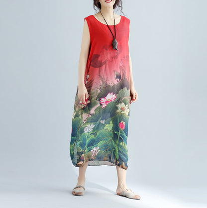 Red Cotton Dress Sleeveless Long Cotton Dresses Fine Side Open Cotton Dress