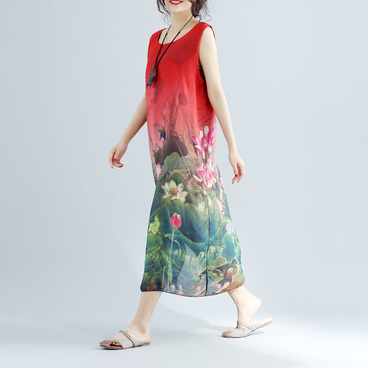 Red Cotton Dress Sleeveless Long Cotton Dresses Fine Side Open Cotton Dress