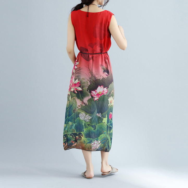 Red Cotton Dress Sleeveless Long Cotton Dresses Fine Side Open Cotton Dress
