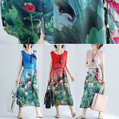 Red Cotton Dress Sleeveless Long Cotton Dresses Fine Side Open Cotton Dress