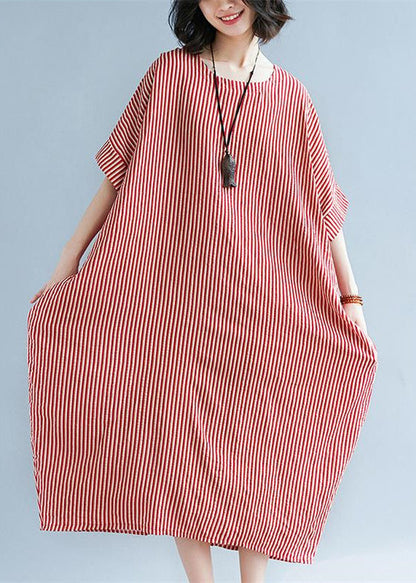 Red Linen Maxi Dress O Neck Striped Linen Clothing Dresses Fine Baggy Dresses Caftans