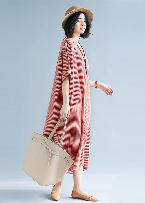 Red Linen Maxi Dress O Neck Striped Linen Clothing Dresses Fine Baggy Dresses Caftans