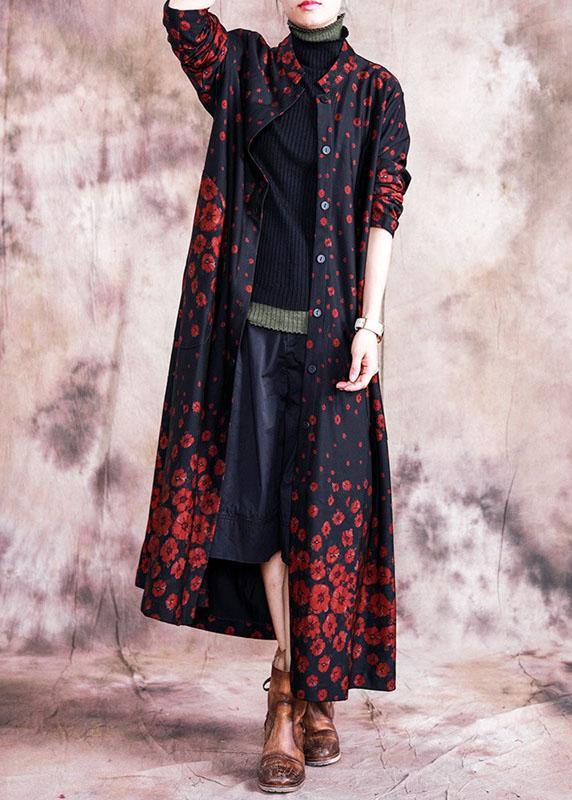 Red Print Coats Oversize Fall Outwear Button Down Pockets Coat