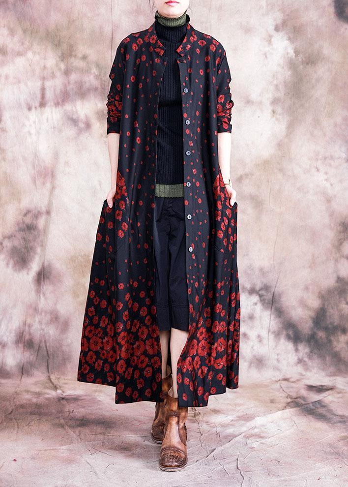 Red Print Coats Oversize Fall Outwear Button Down Pockets Coat