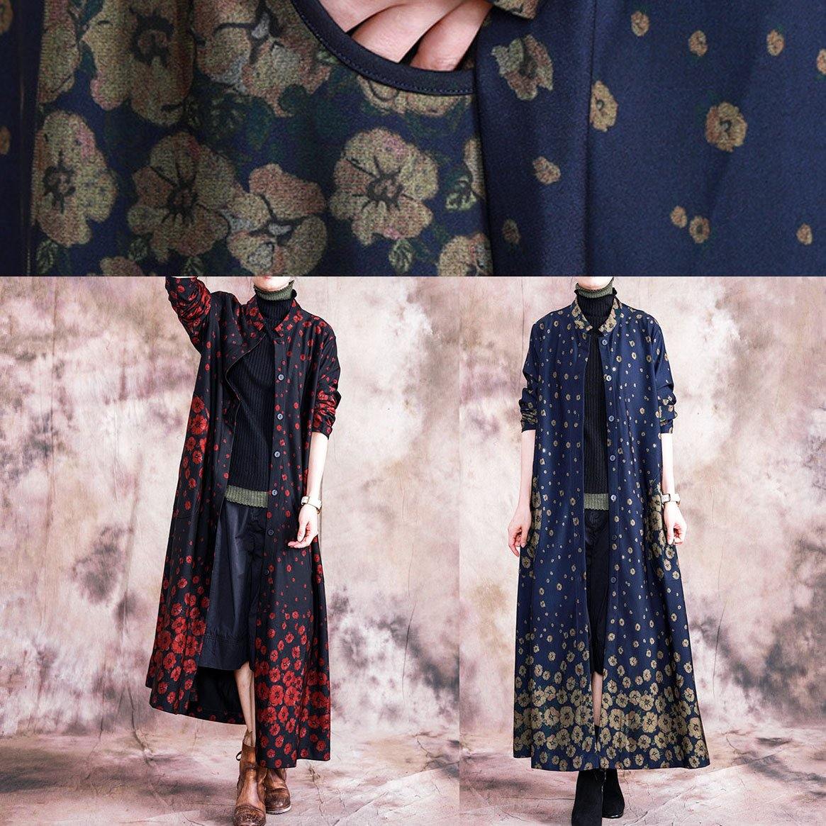 Red Print Coats Oversize Fall Outwear Button Down Pockets Coat