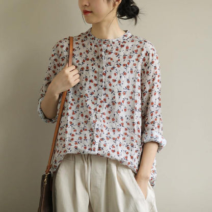 Elegant red print top o neck Button Down oversized shirt