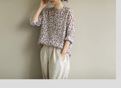 Elegant red print top o neck Button Down oversized shirt