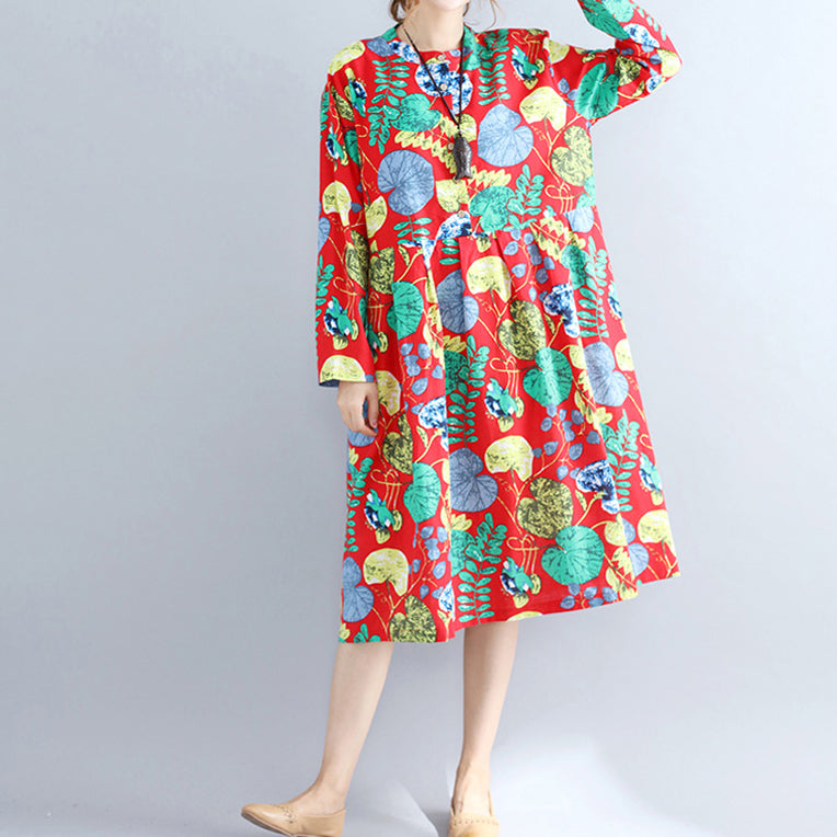 Red Prints Pure Linen Dresses Maxi Dress Long Sleeve Patchwork Midi Dress