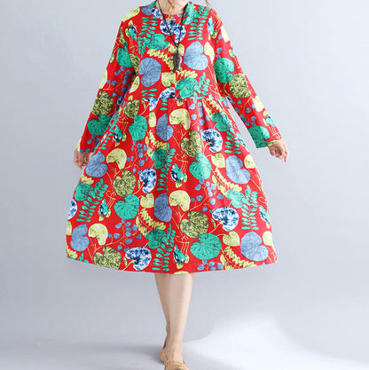 Red Prints Pure Linen Dresses Maxi Dress Long Sleeve Patchwork Midi Dress