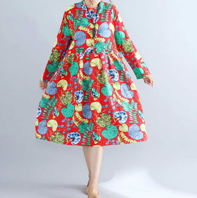 Red Prints Pure Linen Dresses Maxi Dress Long Sleeve Patchwork Midi Dress